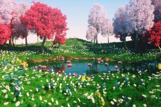 fantasy utopia with colorful trees and unique grass