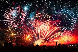 fireworks and cheering crowd