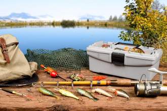 fishing paraphernalia sitting on wood in front of a lake
