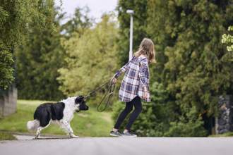 girl pulling her dog since he doesnt want to walk anymore