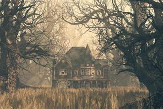 haunted house scene in the woods