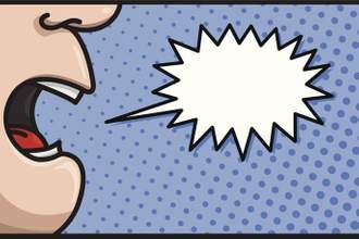 illustration of a mans mouth talking with a speech bubble coming out