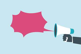 illustration of hand holding megaphone with shout speech bubble