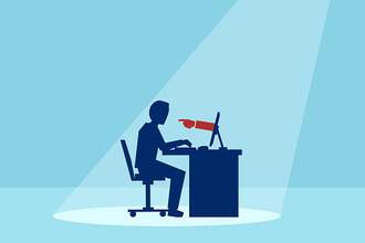 illustration of hand pointing at person from inside computer screen
