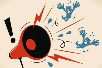 illustration of megaphone blowing away figures