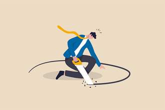 illustration of person sawing hole in floor around himself