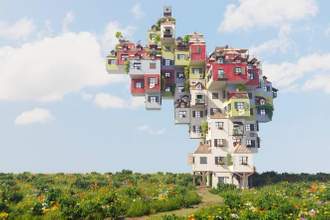 impossibly built building in a field
