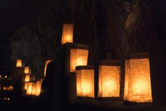 lit paper lanterns set up along a walkway