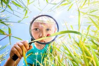 little boy looking through a magnifying glass