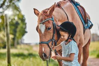 little girl walking next to her horse guiding him a certain direction