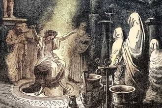 oracle of delphi phythia the sybill or high priestess of the oracle sitting on her tripod seat