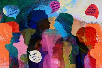 painted group of overlapping people talking to one another