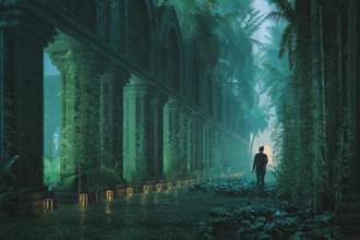 person walking in mysterious old temple garden