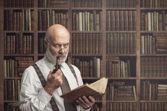 professor looking at the camera sternly while holding a book in the library