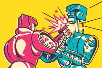 red and blue robots boxing each other