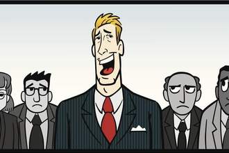 showy boss looking smug in front of his workers who have been drained of color