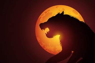 side view of werewolf with moon illuminating it from behind