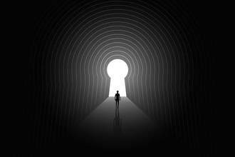 silhouette walking through the dark tunnel to the light at the end of the tunnel