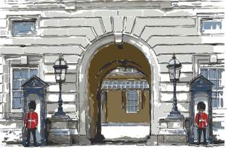 sketch drawing of the royal guards standing in front of a building