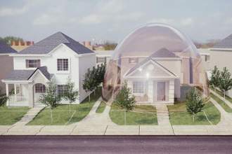suburban home surrounded by a large bubble