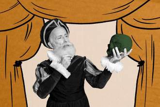 theatrical man holding out a skull imposed on a illustrated stage background