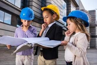 three children wearing construction hats and thinking over their plan