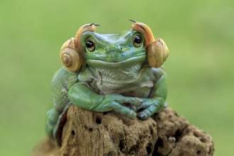tree frog with two snails stuck to the sides of its head