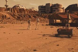 two astronauts walking on mars surface near a base camp