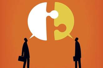 two business men talking to each other but the pieces arent fitting together