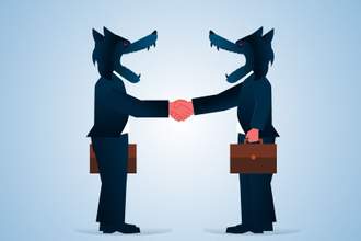 two businessmen with wolf heads shaking hands