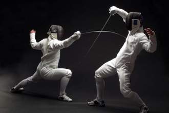 two fencers fighting one in a lunge position with sword going into the opposition and the other arms out trying to shield themselves