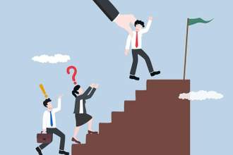 unfair treatment at work with one employee being quickly raised above the stairs in front of the his other coworkers