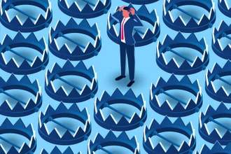 vector illustration of a business man encircled by a bunch of sharp traps