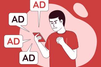 vector illustration of a man looking upset as ads pop up on his screen