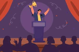 vector illustration of a man standing in front of an audience with his arms in the air celebrating his victory
