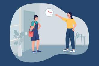 vector illustration of a mom pointing at a clock on the wall after her daughter walks into the room