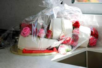 wedding cake that toppled over on the kitchen counter