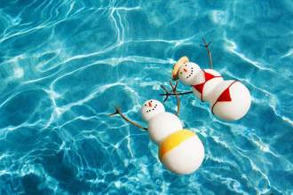 winter items laying in summer water