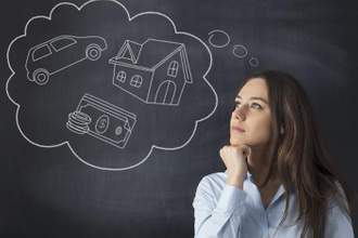 woman thinking while a thought bubble holds illustrations of a home a car and money