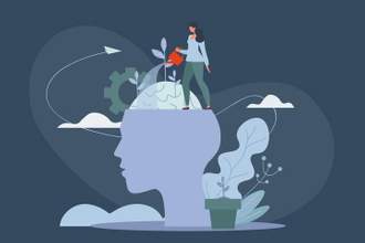 woman watering a persons mind to let it grow
