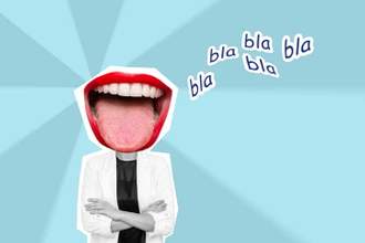 young business woman headed by wide open mouth shows tongue with text bla bla bla