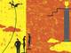stylized drawing of woman pole vaulting across gap to get trophy