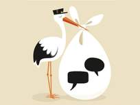an illustration of a stork delivering speech bubbles