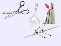 collage with pinking shears decanter bustle sculling on a purple background