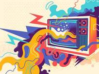 retro style illustration of a tv with shapes and lightening bolts coming from the screen