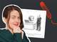 silhouette of cartoonist emily flake with one of her new yorker cartoons showing a lion working at an office desk
